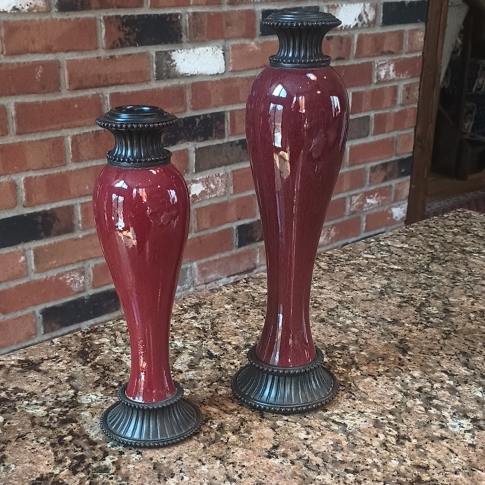 Partylite Vintage Decorative Burnt Red Ceramic Candlestick Set with Bronze Bases